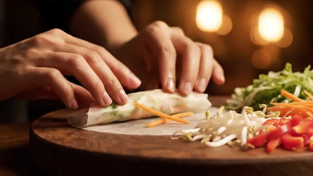 Hands Roll Fresh Summer Spring Roll Asian Food.