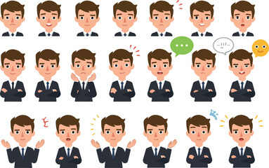 Pixel Art Business Man Emotions Set Minimal Flat Design White Background