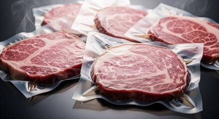 High quality fresh vacuum sealed beef steaks with marbling on black background ideal for culinary and gourmet food presentation or advertising