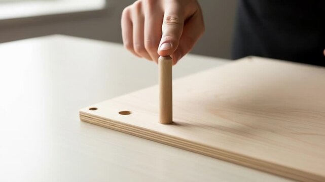 Hands assembling furniture with wooden dowel and board
