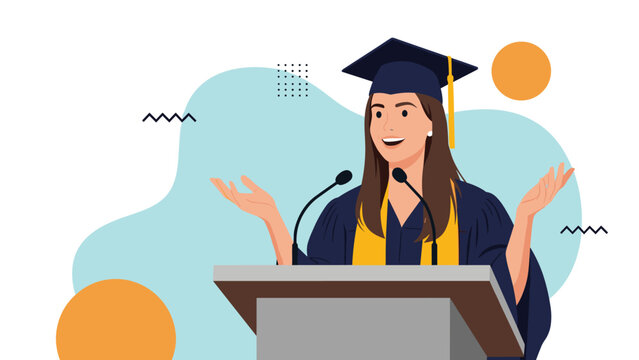 Happy female graduate in cap and gown speaking at a podium with microphones during a university graduation ceremony or speech event.