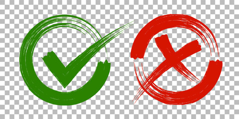 Acceptance and rejection symbol vector buttons for vote, election choice. Circle brush stroke borders. Symbolic Tick and cross signs, checkmarks design.