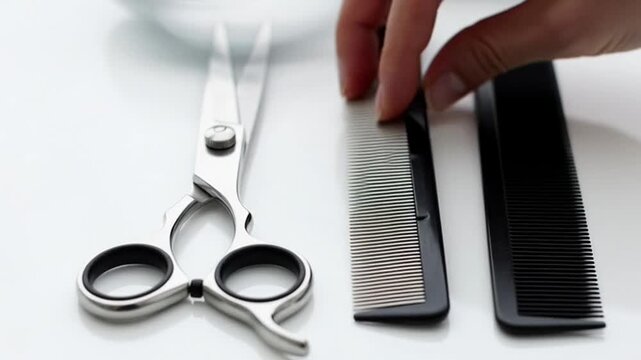 Hairdresser's tools on white table with hand arranging combs