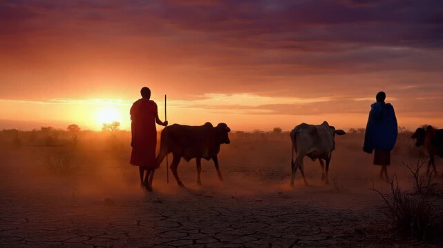Maasai herders driving cattle at sunset over dry African savanna