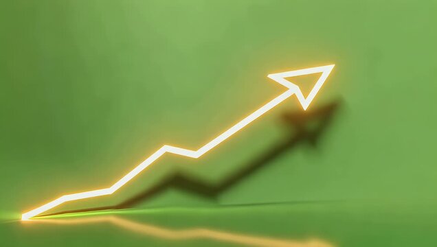 Dynamic upward trending glowing arrow advancing on vibrant green studio backdrop casting an illuminated reflection