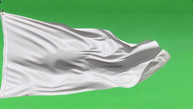 Graceful waving blank flag unfurling against a bright green screen background with subtle fabric folds and moving shadows