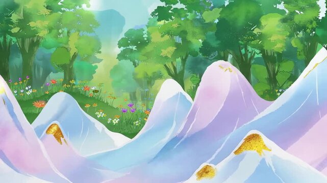 A serene, pastel-colored mountain range with golden highlights rises in a lush forest, with vibrant flowers blooming in the background