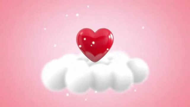 A shiny red heart on a floating white cloud amidst sparkling particles against a pink background