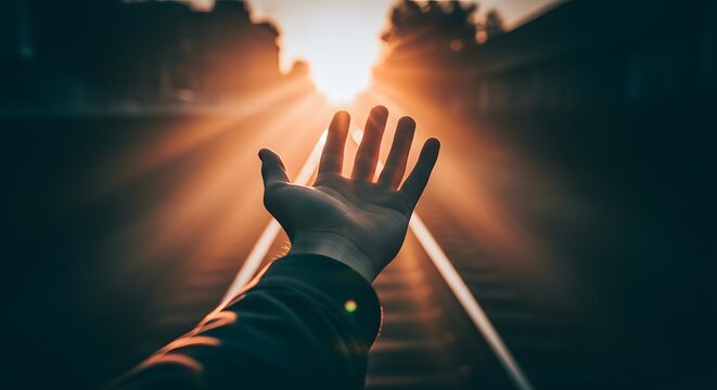 Hopeful hand reaching toward bright sun rays over railway