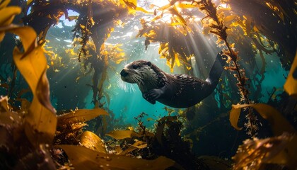 Sea Otter Swimming Gracefully Through Sunlit Kelp Forest Underwater.