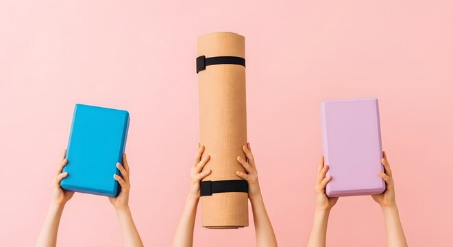 Yoga Mat and Blocks Raised on Pink Studio Background