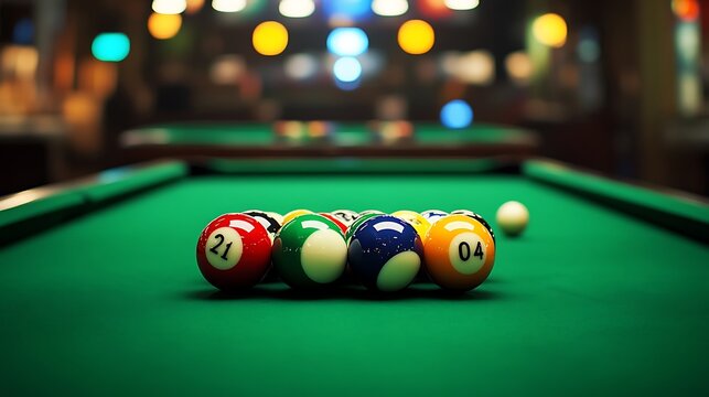 Vibrant pool balls on green billiard table in nightclub