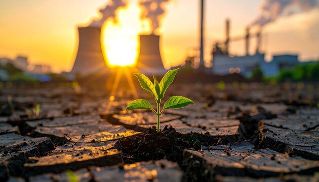A small green plant sprouts from dry earth. Behind it, a power plant emits smoke with the sun setting, creating a contrast