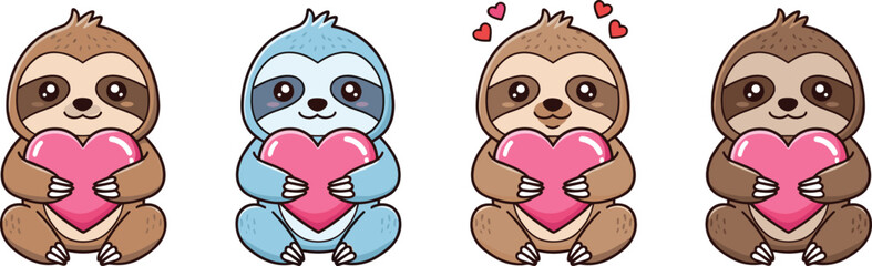 Naklejka premium Cute sloth characters holding pink hearts illustration set, adorable animal love design for valentine, stickers, kids, and romantic decoration projects