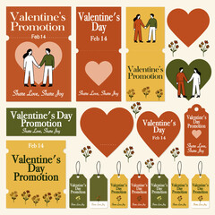 Valentine&rsquo;s Day Promotion Design Set with Hearts and Romantic Couple. Ideal for marketing banners, retail promotions, social media ads, posters, and seasonal campaigns.