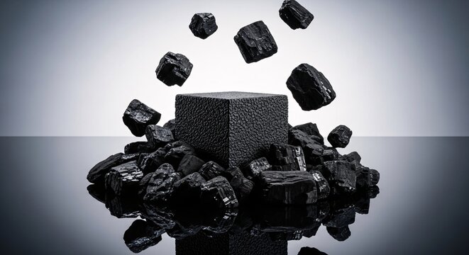 Black coal cubes and chunks arranged around a central black cube on reflective surface for industrial or energy concepts