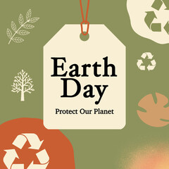 Earth Day Tag Design with Recycle Symbols and Nature Elements. Ideal for environmental campaigns, sustainability posters, social media graphics, packaging labels, and Earth Day promotional designs.