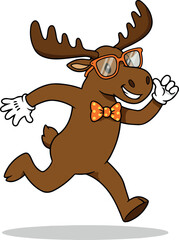 Running Moose Wearing Glasses and Bowtie Cartoon Vector