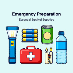 Emergency Preparation Survival Supplies Illustration Set. flashlight, batteries, canned food, first aid kit, candles, matches, and water bottle. Concept of disaster readiness and safety planning.