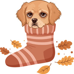 Sad Dog In Sock Autumn Leaves Minimalist Illustration