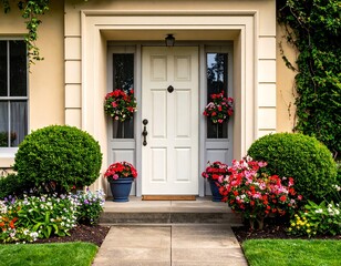 Elegant home entrance featuring a white door and vibrant floral arrangements