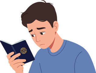 Sad Young Man Reads Book With Concerned Expression Blue Shirt Isolated White Background