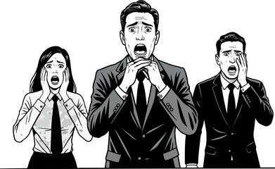 Scared Business People Team Fear Shocked Expression White Background Minimal Illustration