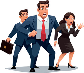 Scared Business People Running in Blue Suits with Red Ties