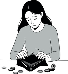 Sad Woman With Empty Wallet And Few Coins On Table Gray Tones