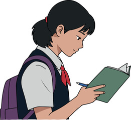 School Girl Reading Book and Studying Vector Art