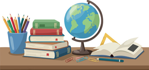 School Supplies Globe Books Pencils Ruler Desk Flat Design