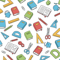 School Supplies Pattern Books Pencils Scissors Ruler Eraser Alarm Clock