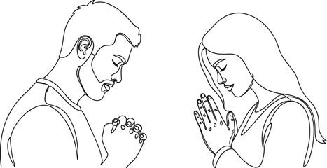 Man and Woman Praying Line Art Illustration Showing Faith, Devotion, Hope, Spiritual Connection, Mindfulness, and Peaceful Religious Reflection Concept