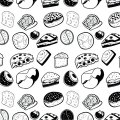 Seamless Food Pattern Vector with Various Desserts and Snacks Black and White