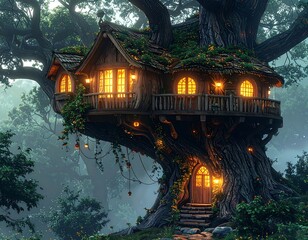 Enchanting treehouse with warm lights in a deep forest scene