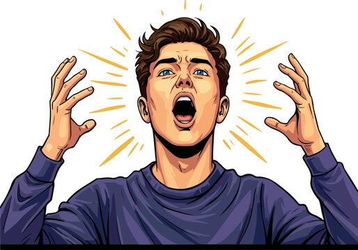 Pixel Art Man Shouting Angrily With Outstretched Hands Yellow Rays