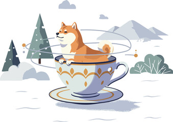 Shiba Inu Dog Relaxing In Teacup Snowy Landscape Minimalist Illustration