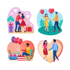 Fototapeta premium Valentine’s Day romantic silhouette couple illustration set, lovers with hearts balloons gifts picnic scenes, modern flat vector style
