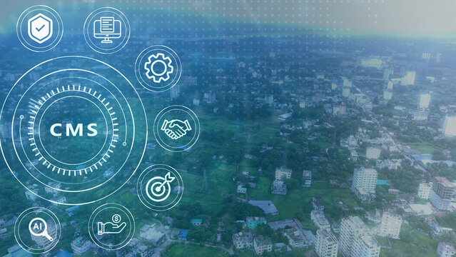 Digital Management System CMS interface with for AI, hand holding money, target, handshake, gear, computer, and shield against a blurred cityscape background with digital grid overlay