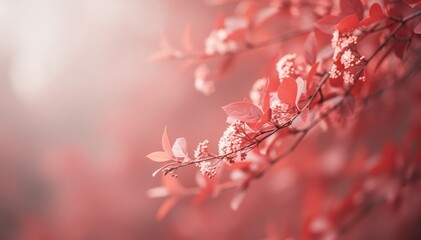 Naklejka premium Crimson Foliage: A delicate dance of light and shadow highlights the intricate details of vibrant, crimson leaves, evoking a sense of tranquil beauty and the freshness of spring.