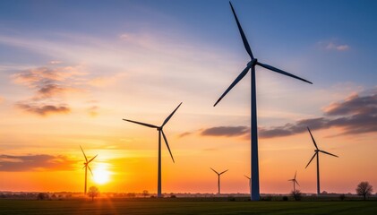 Obraz premium Wind Turbines at Sunset: A captivating panorama showcasing a cluster of wind turbines silhouetted against a vibrant sunset sky, signifying clean energy and a sustainable future.