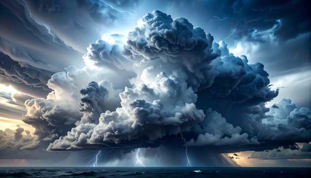 A dramatic depiction of a vast, turbulent cumulonimbus cloud formation dominating the seascape, illuminated by lightning