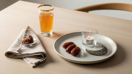 Obraz premium Ramadan Iftar Meal with Dates and Juice on a Table.