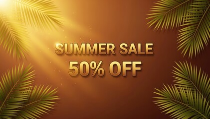 Obraz premium Summer Sale Paradise: Tropical paradise themed promotional content, Summer Sale banner with a stunning, sunny backdrop, vibrant text with palm leaves framing the composition.
