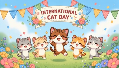 Fototapeta premium International Cat Day Celebration: a vibrant illustration showcasing a heartwarming celebration of International Cat Day, featuring a group of cute, playful kittens in a cheerful.