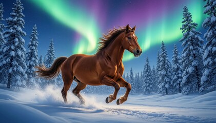 Aurora's Gallop: A majestic horse, bathed in the ethereal glow of the Aurora Borealis, gallops freely through a snow-covered wonderland.
