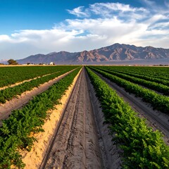 Expansive view of farm fields with mountain range under a cloudy sky