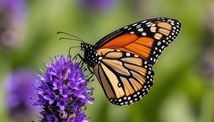 Monarch Butterfly on Flower: A vibrant Monarch butterfly gracefully perches on a cluster of purple flowers, its intricate wings showcasing a stunning pattern, a serene moment in nature's embrace.