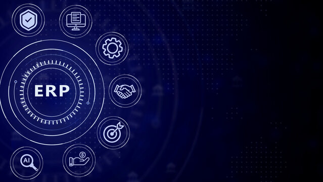 Enterprise Resource Planning ERP system concept with digital and HUD interface on a dark blue background with glowing dots and subtle grid patterns representing data and technology integration