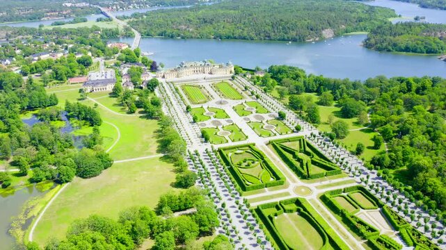 Stockholm, Sweden. Drottningholm. Drottningholms Slott. Well-preserved royal residence with a Chinese pavilion, theater and gardens. Drone footage